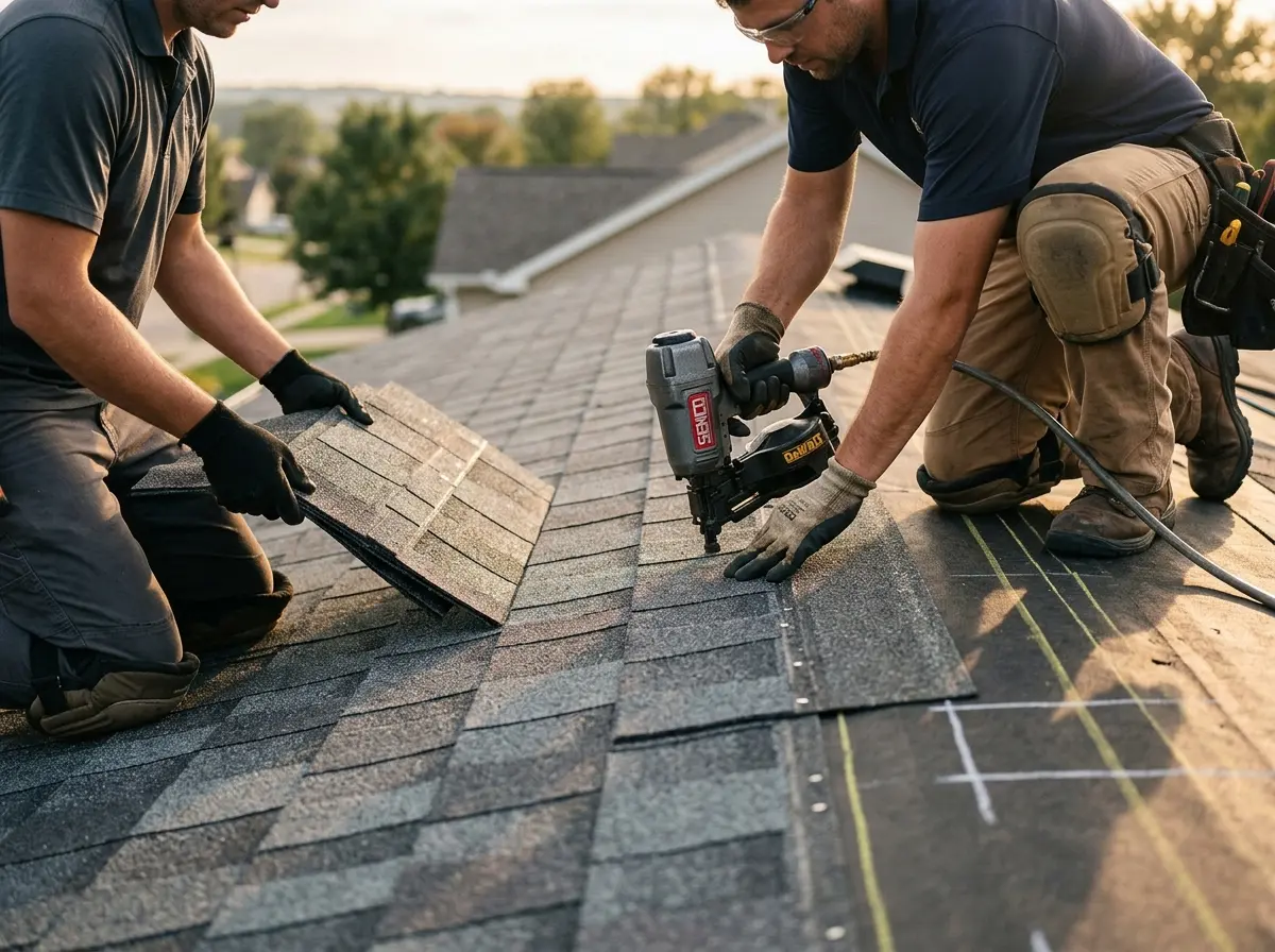 Professional roofer working on a residential roof in Raynham